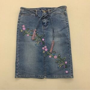 Angels Blue Denim Pencil Skirt with Pink Floral Embroidery